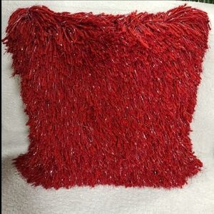 19x19 Christmas Red Shag Silver Tinsel Throw Pillow Decor by Celebrity Home NEW